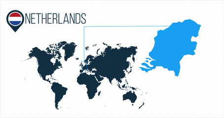 Obraz premium Netherlands location on the world map for infographics. All world countries without names. Netherlands round flag in the map pin or marker. vector illustration on stripped background.