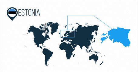 Estonia location on the world map for infographics. All world countries without names. Estonia round flag in the map pin or marker. vector illustration on stripped background.