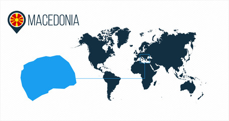 Macedonia location on the world map for infographics. All world countries without names. Macedonia round flag in the map pin or marker. vector illustration on stripped background.