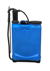 blue plastic garden sprayer isolated on white background