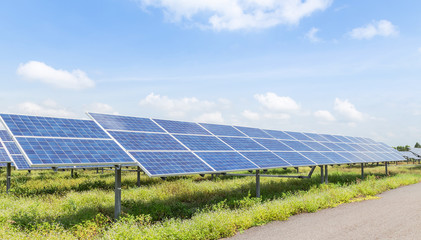 rows array of polycrystalline silicon solar cells or photovoltaic cells in solar power plant station turn up skyward absorb the sunlight from the sun 