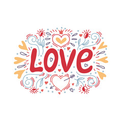 Love hand lettering with a decor of hearts and flowers. Vector illustration in doodle style.