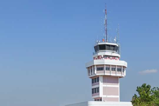 Air Traffic Services Authority Control Center Room In International Airport Under Blue Sky.                                                           