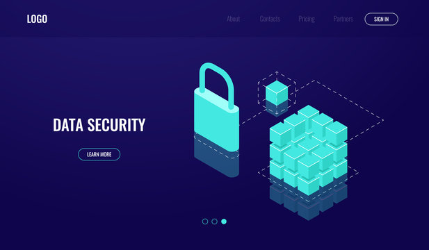 Blockchain technology, data access and data security, isometric icon, protection cloud computing, lock database, dark neon