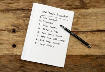 2019 New Year Resolutions list written on notebook on wood table in plans for Better life goals