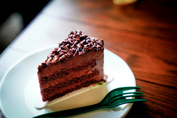 Chocolate cake on a white plate