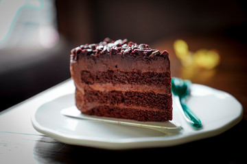 Chocolate cake on a white plate
