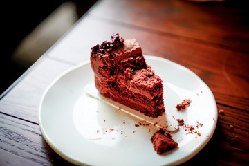 Chocolate cake on a white plate