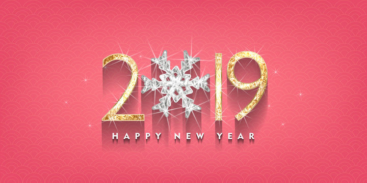 2019 Happy new year. Gold and diamond Design of greeting card. Gold Shining Pattern. Happy New Year Banner with 2019 Numbers on Bright Background. Vector illustration