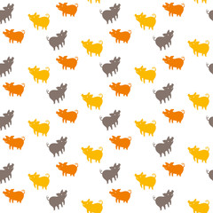 Fototapeta na wymiar Seamless pattern of silhouettes pigs. Cartoon yellow, brown and red piglets background. Vector template isolated on white.
