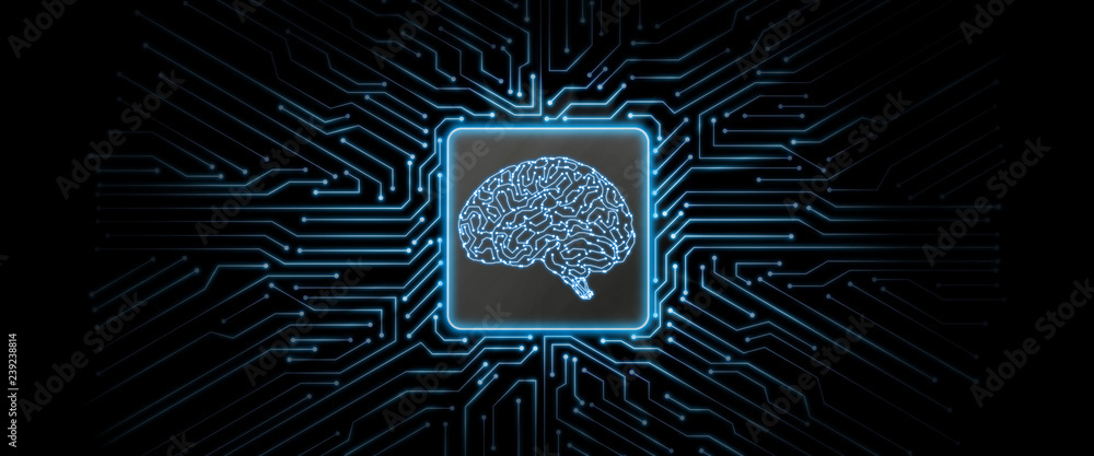 Poster abstract blue glowing circuit board background with brain logo at center. perfect for artificial int