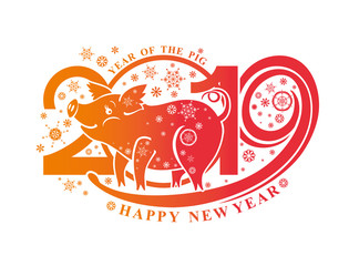 Year of the Pig. 2019. New Year pattern 2019 and smiling cute pig and snowflakes. Vector template New Year's design on the Chinese calendar.