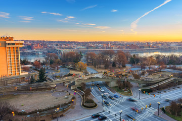 Traffic on Key bridge and potomac river at winter morning, Washington DC, USA