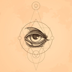Hand drawn sketch Eye of Providence. All seeing eye. Masonic symbol. Alchemy, religion, spirituality, occultism. Vector illustration on the background of old paper.