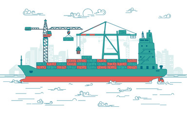 concept of global transportation, graphic of cargo port with operating equipment, vector of crane loading on industrial ship