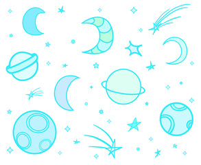 Cosmos elements on white background. Colorful cosmic doodles for design. Hand drawn simple space symbols. Line art. Set of different astronomical signs. Art creation