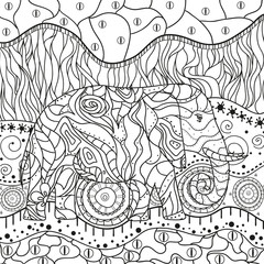 Abstract eastern pattern. Elephant on square mandala. Hand drawn animal with tribal patterns on isolation background. Design for spiritual relaxation for adults. Black and white illustration