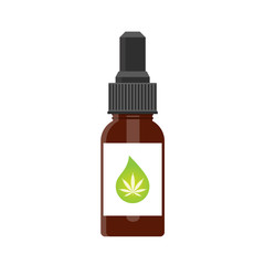 Hemp oil in a bottle. CBD oil cannabis extract. Medical marijuana. Mock up of cannabis oil. Icon product label and logo graphic template. Isolated vector illustration on white background.