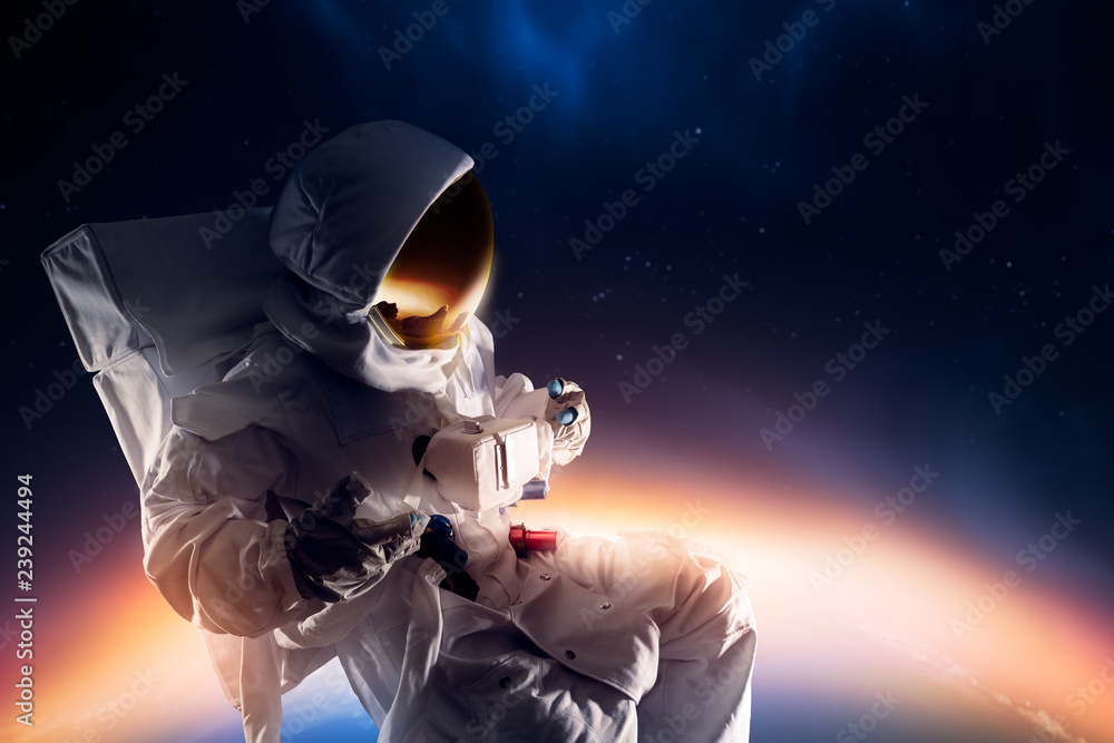 Sticker astronaut exploring outer space