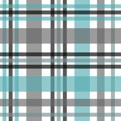 Seamless tartan plaid pattern. Checkered fabric texture print in stripes of bright blue, teal black, teal blue and white.
