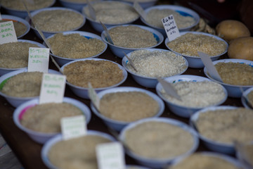 Bowls of different rice type at street market, Sri Lanka