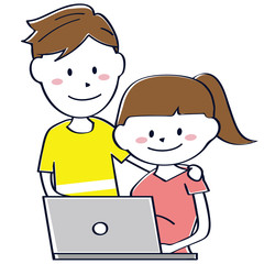 ポニーテールの妊婦を気遣う旦那さん　一緒にインターネット検索