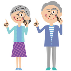 ポップな家族　おばあちゃんとおじいちゃん 指差しと虫眼鏡