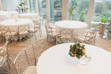 Interior of a hotel prepared for wedding ceremony.