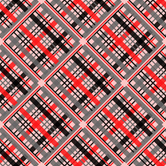 Seamless tartan plaid pattern in stripes of red, black and white. Checkered twill fabric texture. Vector swatch for digital textile printing.