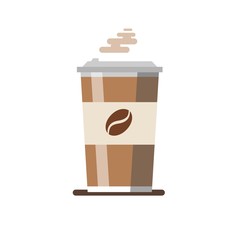 Coffee cup vector illustration isolated on background. Plastic coffee cup with hot coffee in flat style.