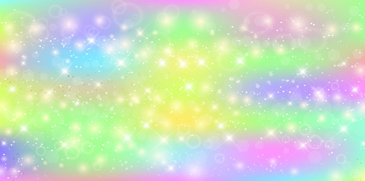 Unicorn Rectangle Background With Rainbow Mesh. Kawaii Universe Banner In Princess Colors.