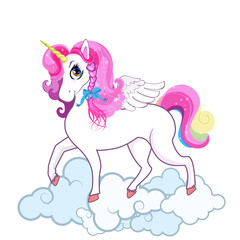 Cute white unicorn on clouds isolated on white background.