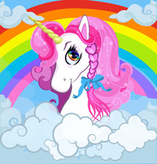 Cartoon white princess unicorn portrait on rainbow with clouds sky background.