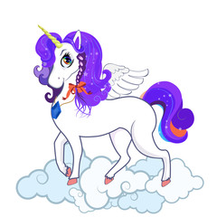 Obraz na płótnie Canvas White unicorn with big eyes, horn, feather wings and violet hair on clouds