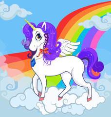 Obraz na płótnie Canvas Cute pony unicorn character standing on clouds with rainbow.