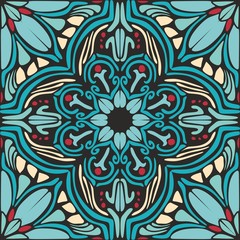 Blue, green and yellow abstract patterns in the mural mosaic tiles. Pattern in the Mediterranean Oriental style. Vector illustration.  Suitable for printing on fabric or paper.