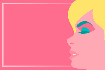 Beautiful woman face on pink background in pop art style with frame for text vector illustration concept