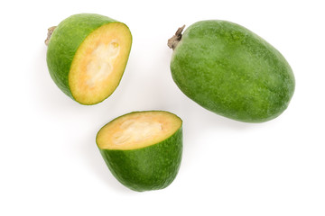 Tropical fruit feijoa Acca sellowiana isolated on white background. Top view. Flat lay pattern