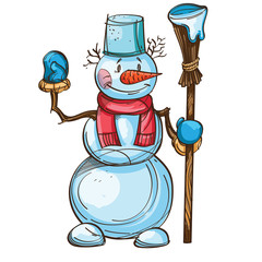 Naklejka premium Vector snowman with carrot, scarf, bucket on the head and mittens, broom in his hand, isolated on white background