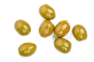 Green olives isolated on a white background. Top view. Flat lay