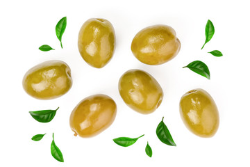 Green olives isolated on a white background. Top view. Flat lay