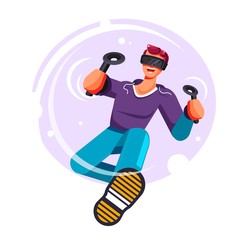 Virtual reality game isolated icon man in glasses with playing consoles