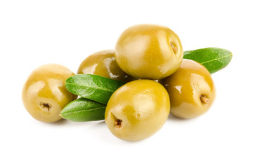 Green olives with leaves isolated on a white background