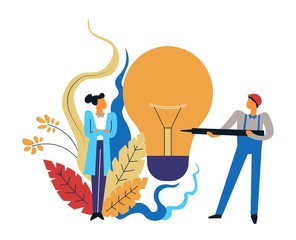 Scientist and engineer with tool light bulb and plants isolated icon
