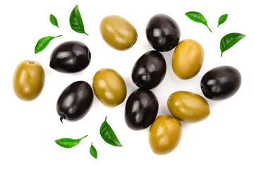 Green and black olives isolated on a white background. Top view. Flat lay
