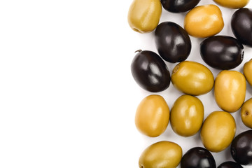 Green and black olives isolated on a white background with copy space for your text. Top view. Flat lay