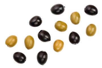 Green and black olives isolated on a white background with copy space for your text. Top view. Flat lay