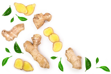 fresh Ginger root and slice isolated on white background with copy space for your text. Top view....