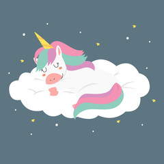 cute unicorn sleeping on the cloud cartoon vector
