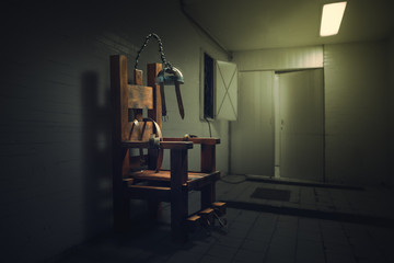 Electric chair in a jail room - obrazy, fototapety, plakaty